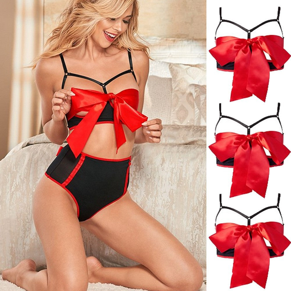 Women's Strappy Satin Bow Lingerie Set