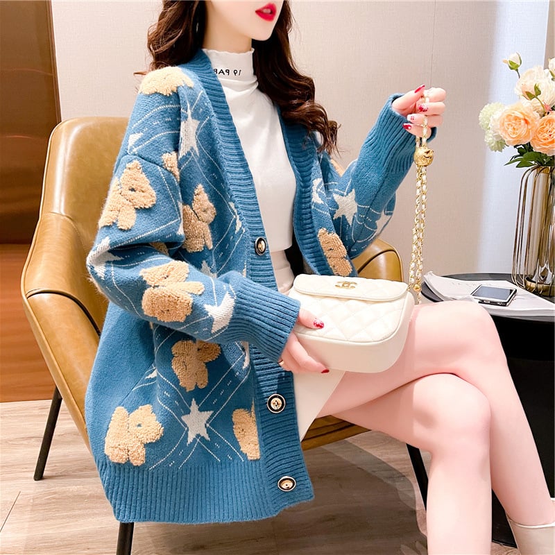 Women's V-neck Bear Knitted Cardigan - Thick & Loose Style