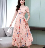 Floral Chiffon Dress for Women - Short Sleeve Maxi
