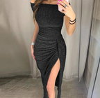 Shiny Off-Shoulder Short Sleeve Bodycon Dress