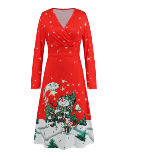 Women's Long Sleeve Christmas V-neck Printed Dress