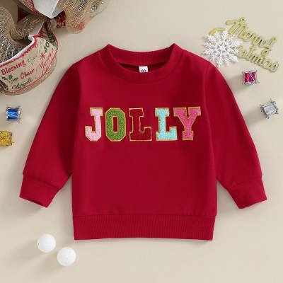 Red Christmas Embroidery Letter Crew Neck Sweater