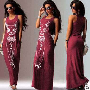 Gray Long Sleeveless Dress with Cat Print Design