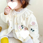 Children's Flower Embroidered Lotus Collar Cardigan