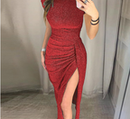Shiny Off-Shoulder Short Sleeve Bodycon Dress