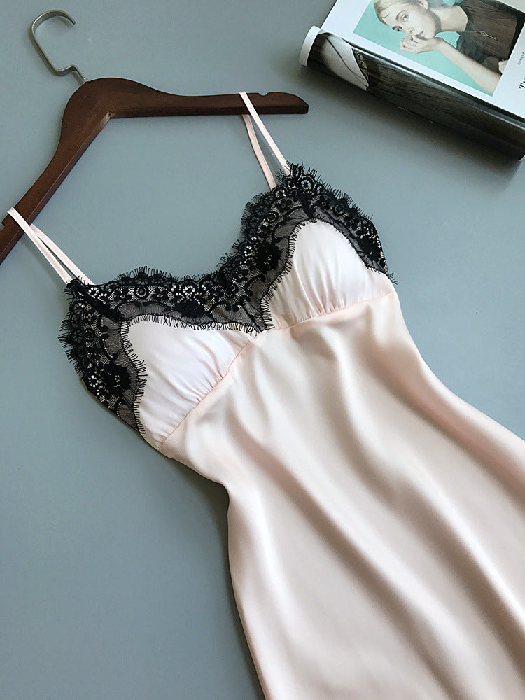 Silk Lace Trim V-Neck Nightgown with Cups (Summer)