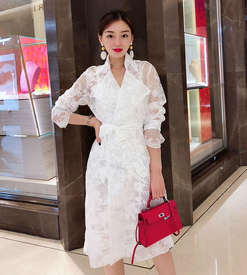 Hooded Lace Trench Coat with Embroidery and Lantern Sleeves
