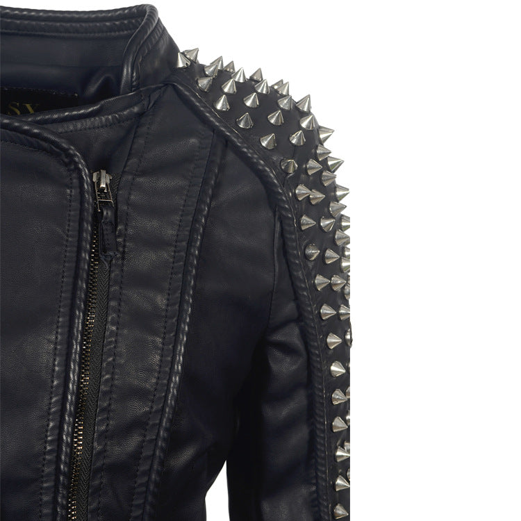 Short Motorcycle Leather Jacket for Women - Punk Style