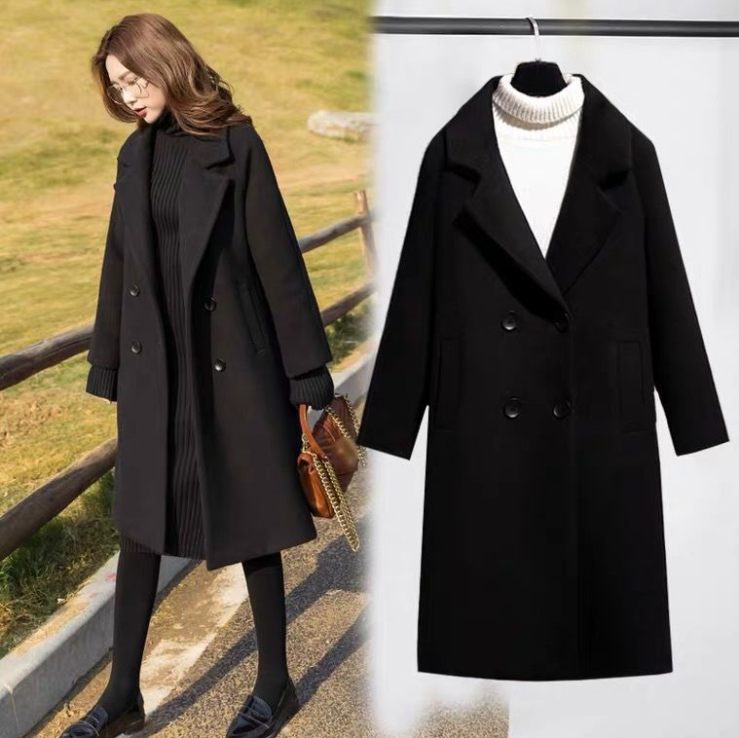 Women's Loose Black Woolen Fashion Coat