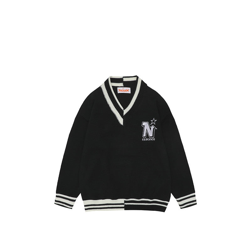 Embroidered V-Neck Pullover Sweater for All Genders | Streetwear