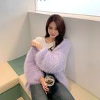 V-neck Furry Loose Knit Mohair Cardigan with Lantern Sleeves