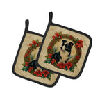 Border Collie Christmas Flowers Pair of Pot Holders