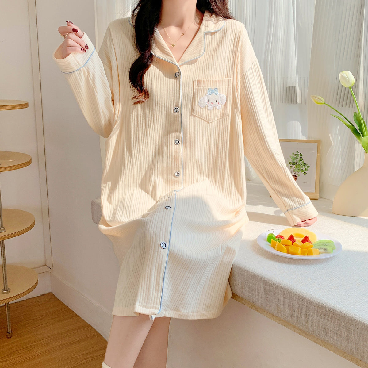 Cotton Maternity Nightgown for Nursing, Long Sleeve