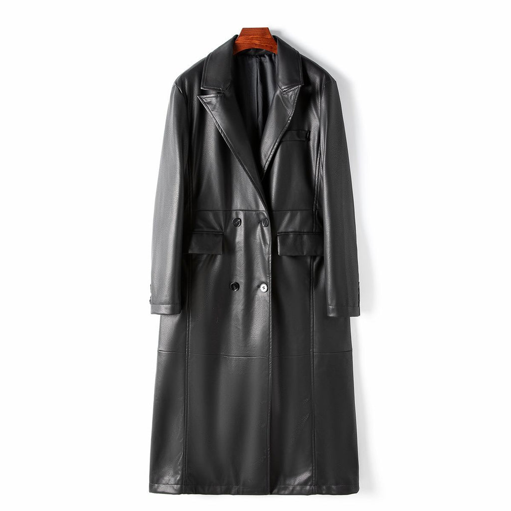 Over-the-Knee PU Leather Windbreaker Jacket