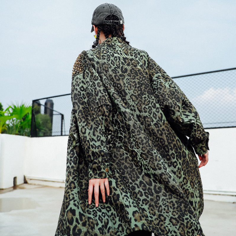Leopard Print Camouflage Mid-Length Heavy Trench Coat
