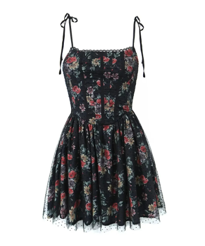 Black Floral Print Tie-Up Corset Mini Dress (One Piece)