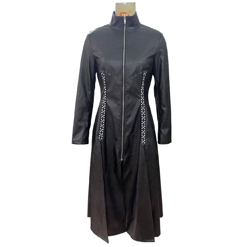 Long PU Leather Jacket for Women with Stand Collar