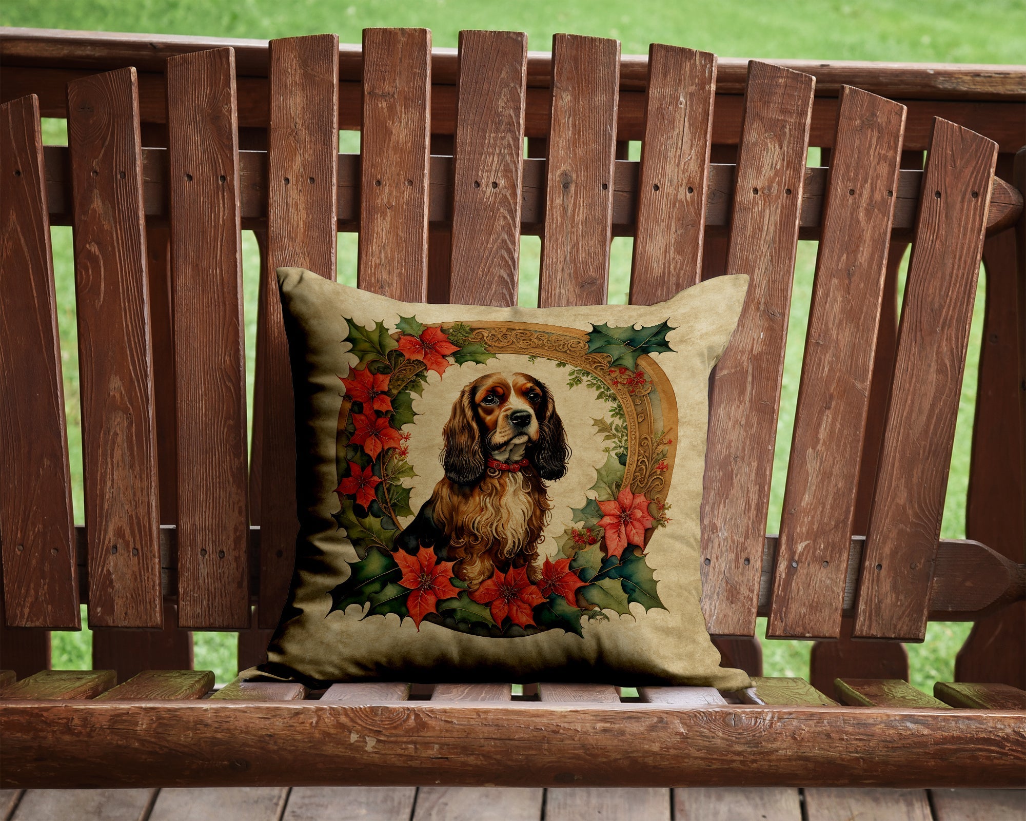 English Cocker Spaniel Christmas Flowers Throw Pillow