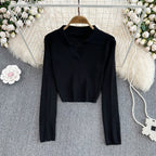 Slim Knitted Long Sleeve Turn Down Collar Crop Top