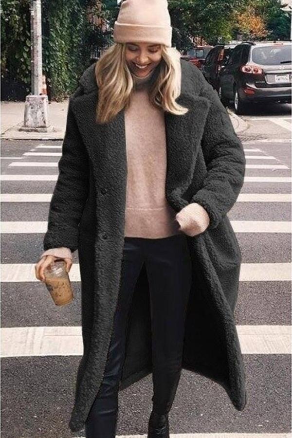 Medium-Length Furry Coat with Large Lapel