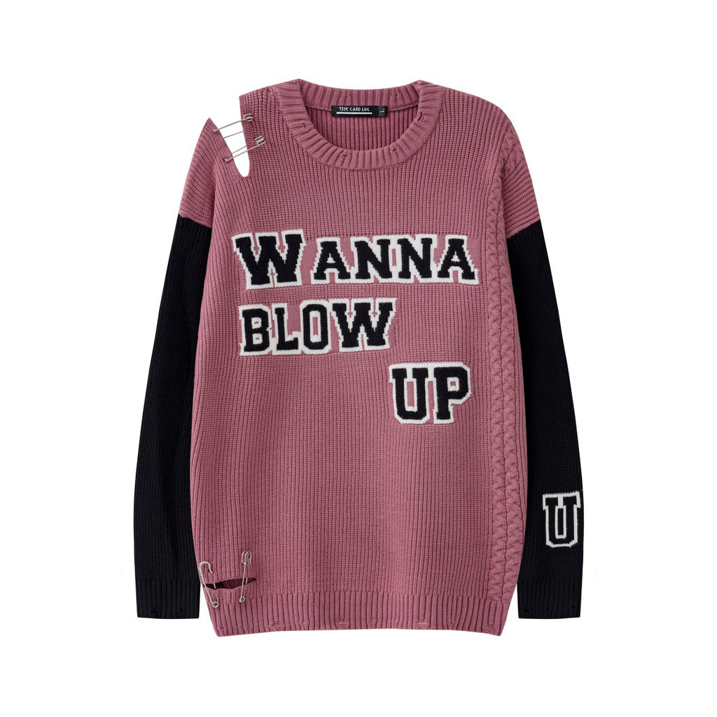 Ripped Pin Embroidered Jacquard Knitted Sweater