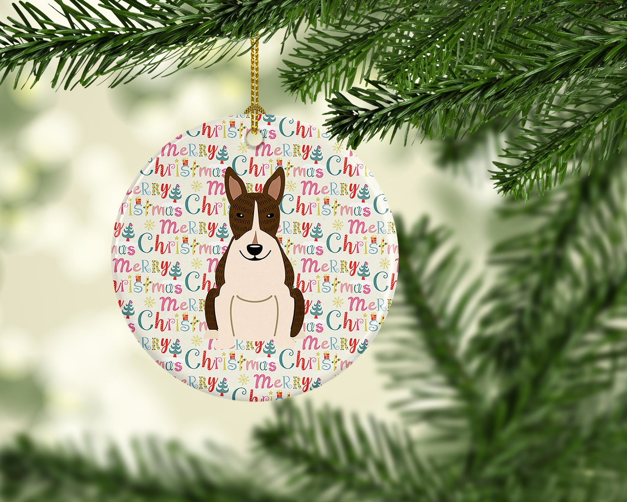 Merry Christmas Bull Terrier Dark Brindle Ceramic Ornament
