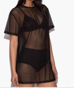 Sheer Short Sleeve Top, Solid Color T-Shirt, Black Dress | Streetwear
