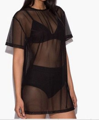 Sheer Short Sleeve Top, Solid Color T-Shirt, Black Dress | Streetwear
