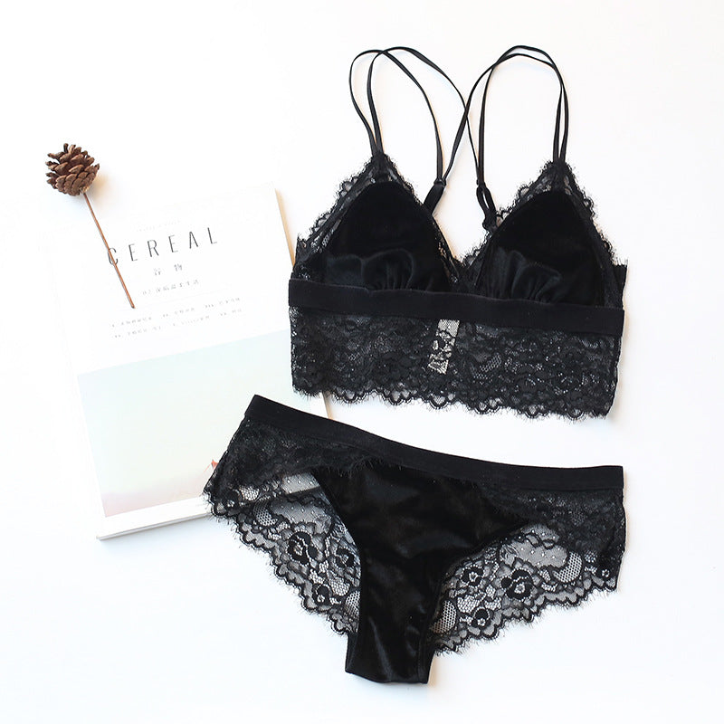 Lace Bralette Set with Velvet and No Underwire Design