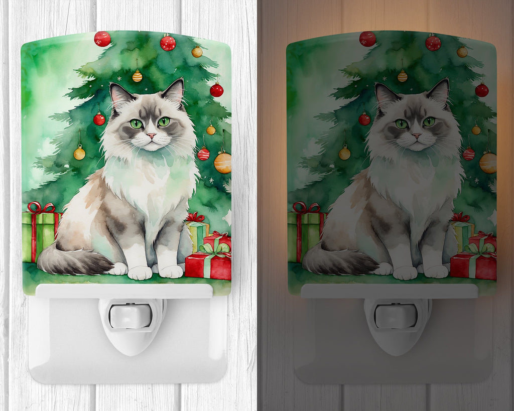 Ragdoll Cat By the Christmas Tree Ceramic Night Light
