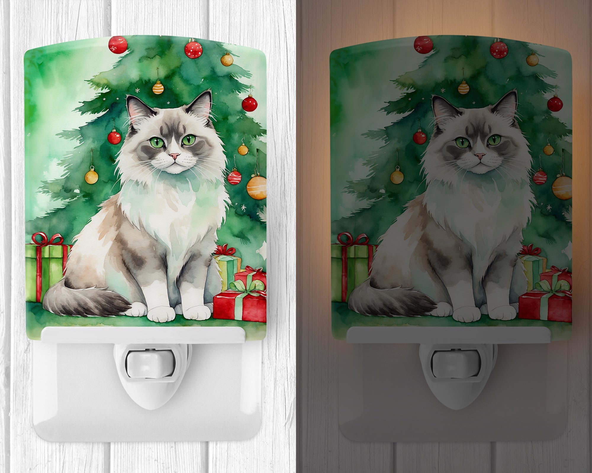 Ragdoll Cat By the Christmas Tree Ceramic Night Light