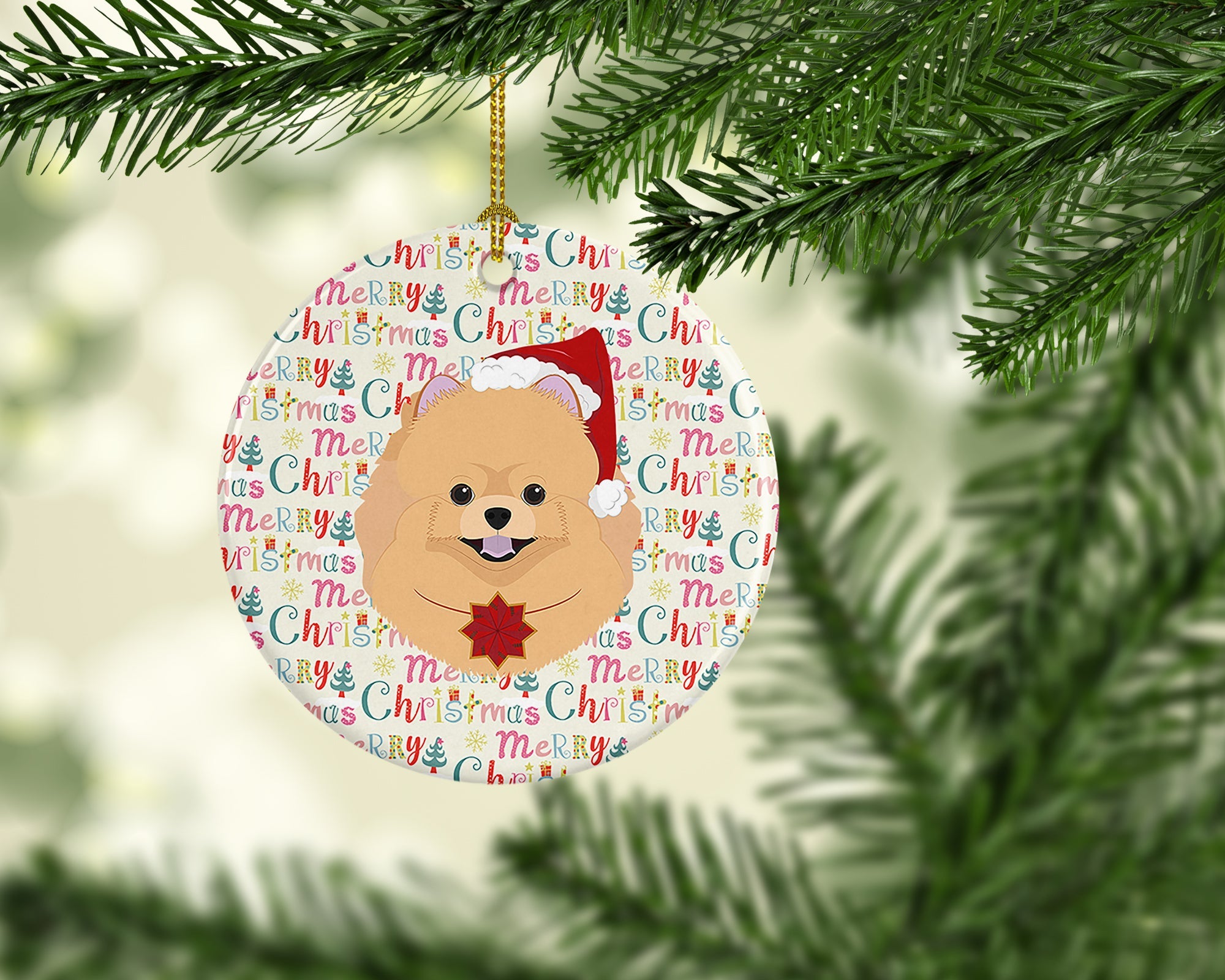 Pomeranian Merry Christmas Ceramic Ornament
