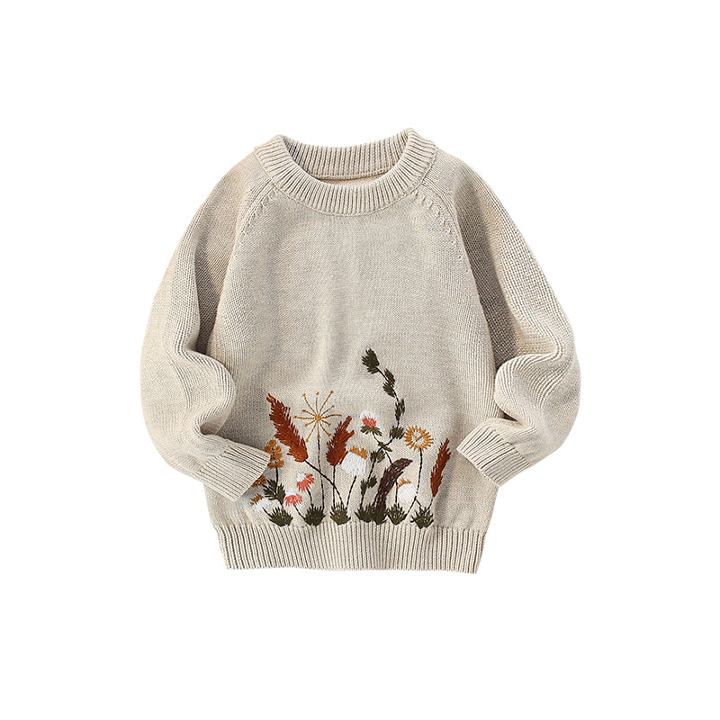 Girls' Embroidered Round Neck Warm Pullover Sweater | Streetwear