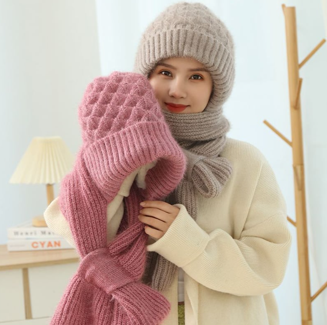 Women's Fleece-lined Knitted Scarf and Hat Set | Embroidered Cap