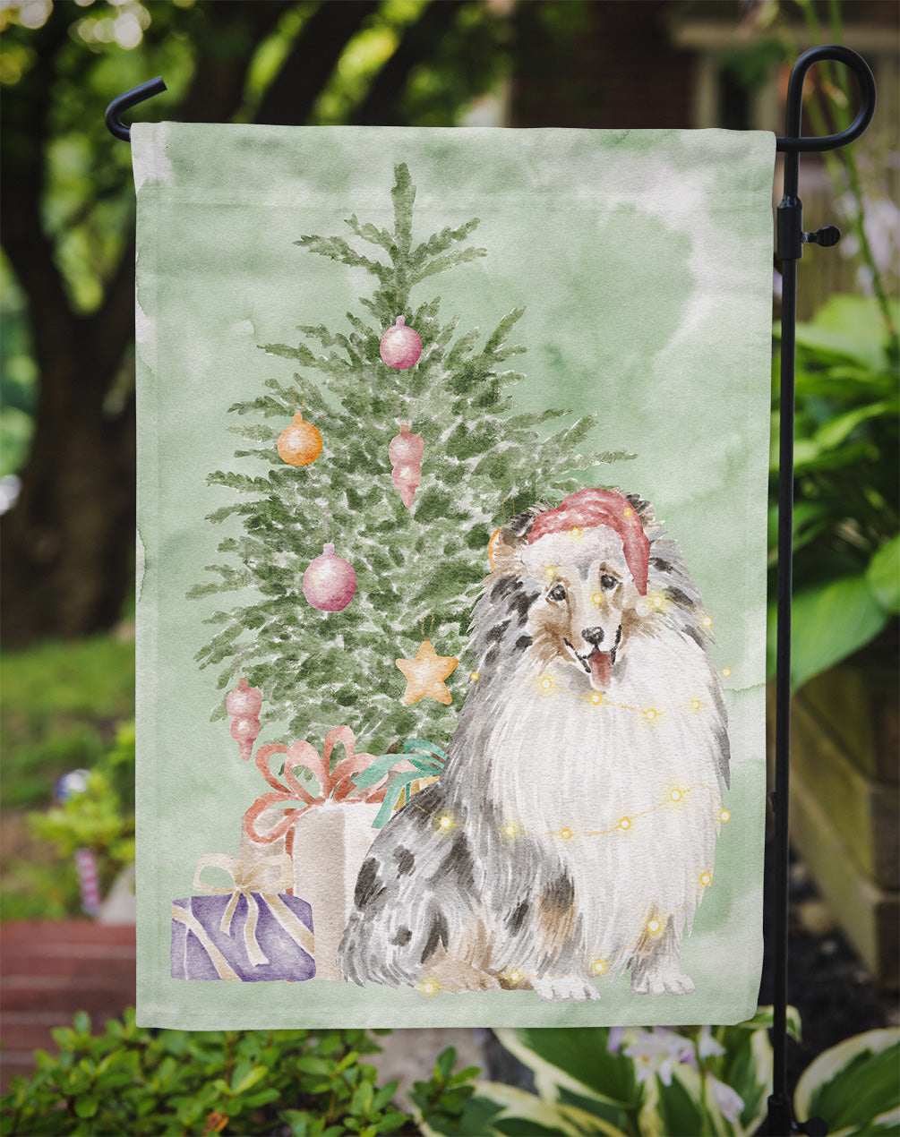 Sheltie Merle Christmas Presents and Tree Garden Flag