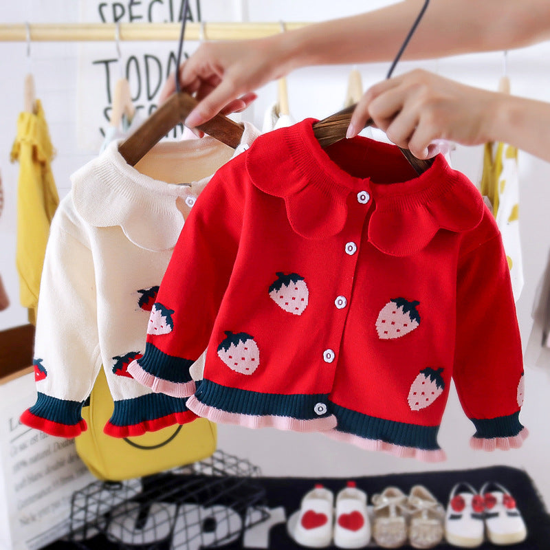 Girls' Strawberry Lapel Cardigan Sweater