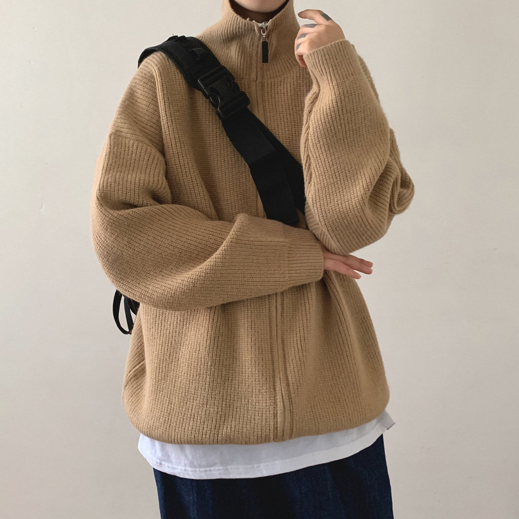 Men's Thick Solid Color Zipper Turtleneck Cardigan