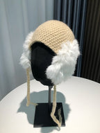 Women's Rabbit Wool Beanie Hat with Furry Ear Protection | Embroidered Cap