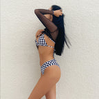 Black and White Checkered Bikini with Cover-Up Set