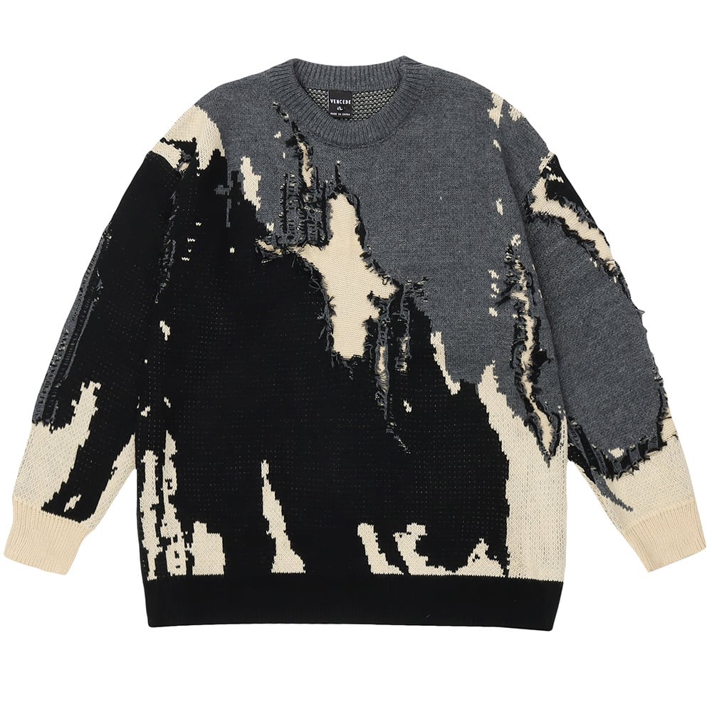 Men's Crochet Ripped Crew Neck Sweater