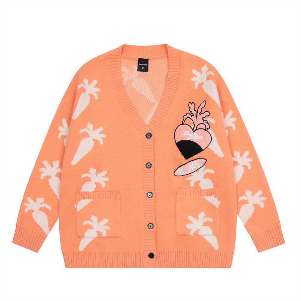 Radish Rabbit Jacquard Knitted V-neck Cardigan for Boys