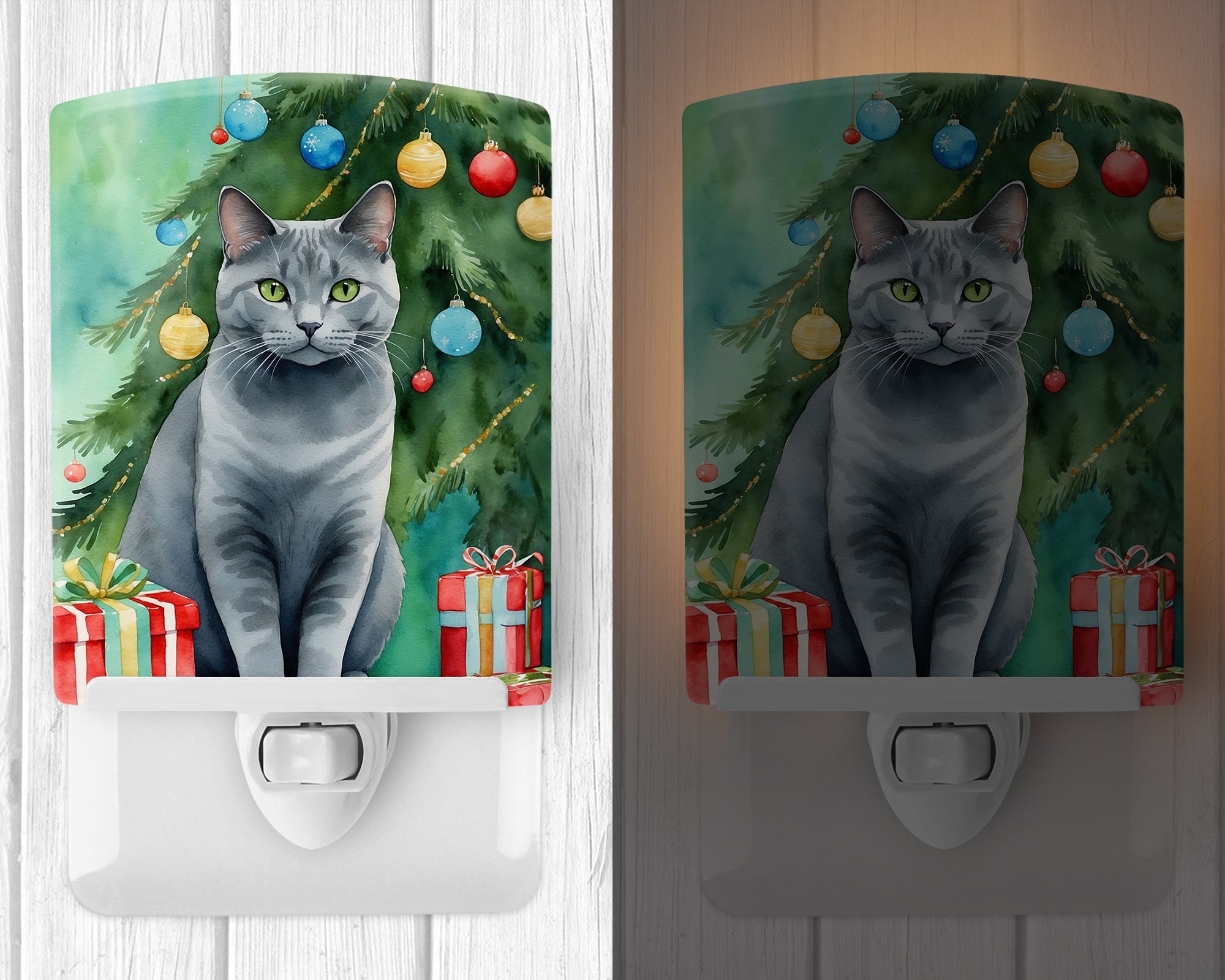 Chartreux Cat By the Christmas Tree Ceramic Night Light