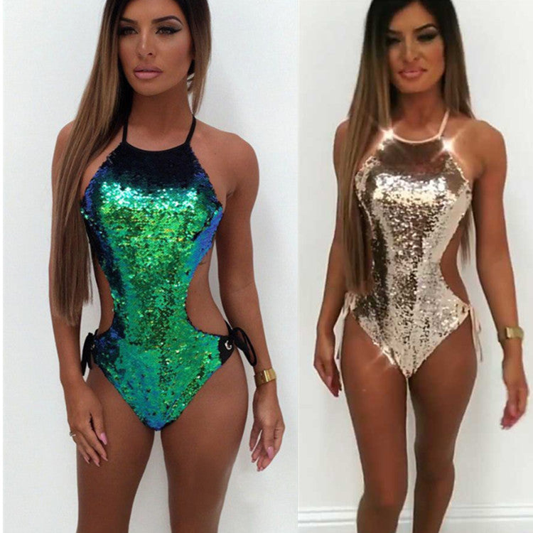 Gradient AB Sequin Swimsuit with Ties (One Piece)