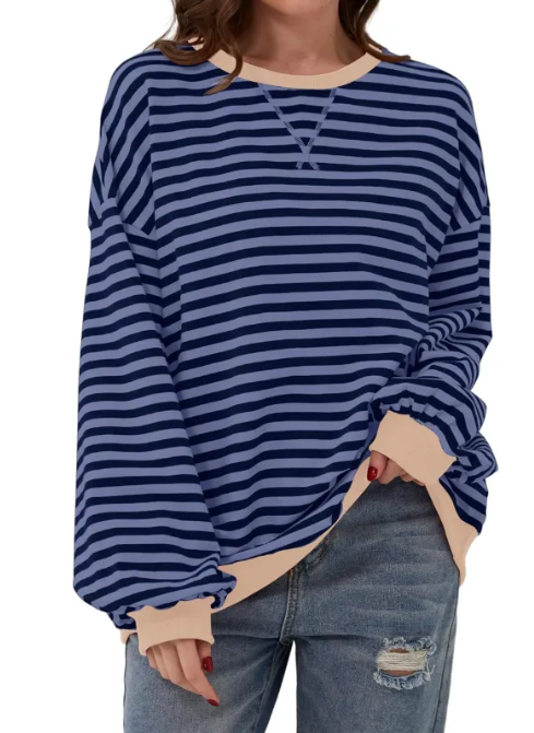 Loose Striped Long Sleeve T-shirt Casual Pullover Sweater For Womens Clothing | Streetwear