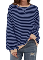 Loose Striped Long Sleeve T-shirt Casual Pullover Sweater For Womens Clothing | Streetwear
