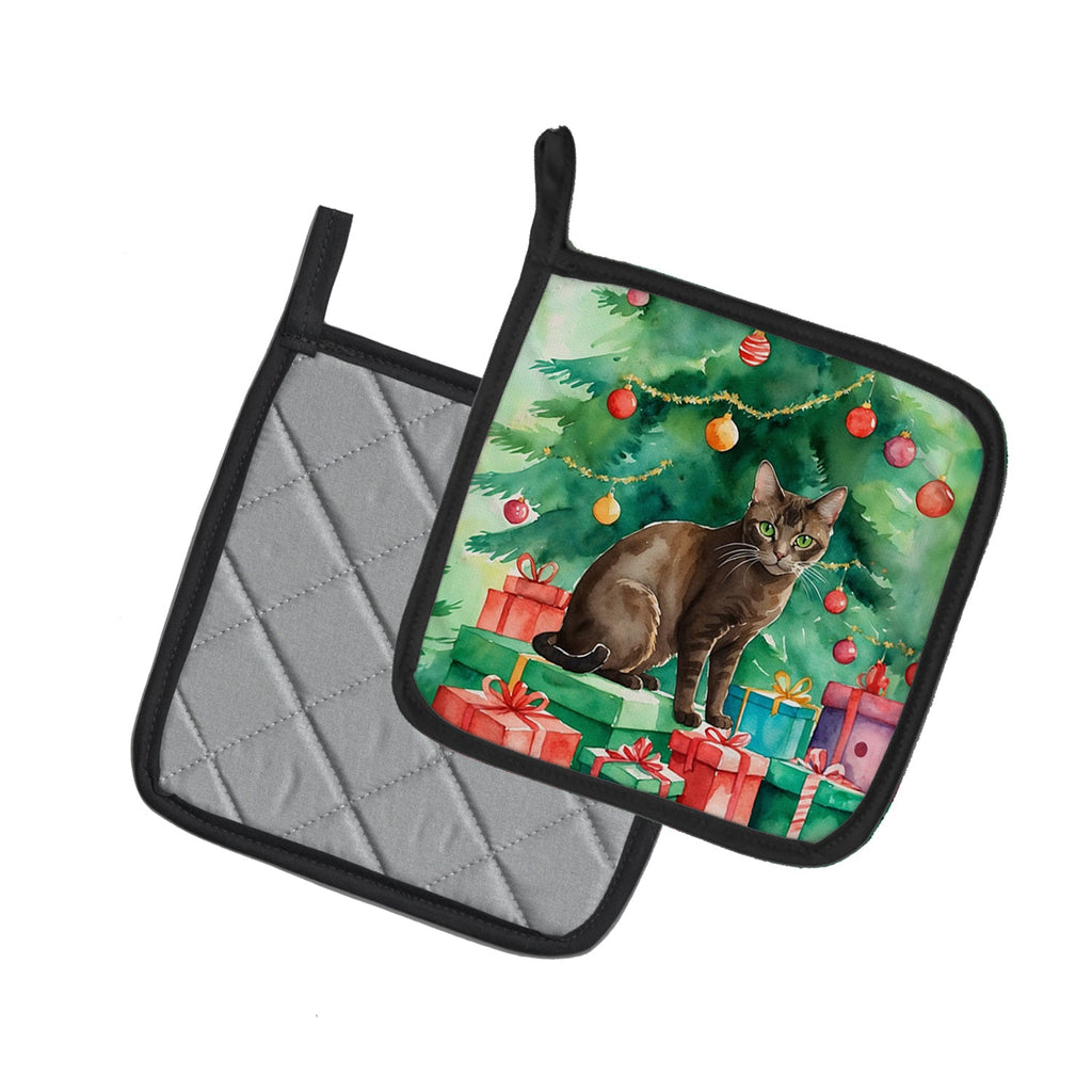 Havana Brown Cat By the Christmas Tree Pair of Pot Holders