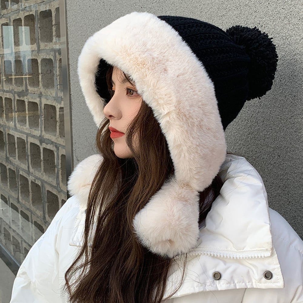 Warm Fleece Knitted Rabbit Fur Hat for Large Heads | Embroidered Cap