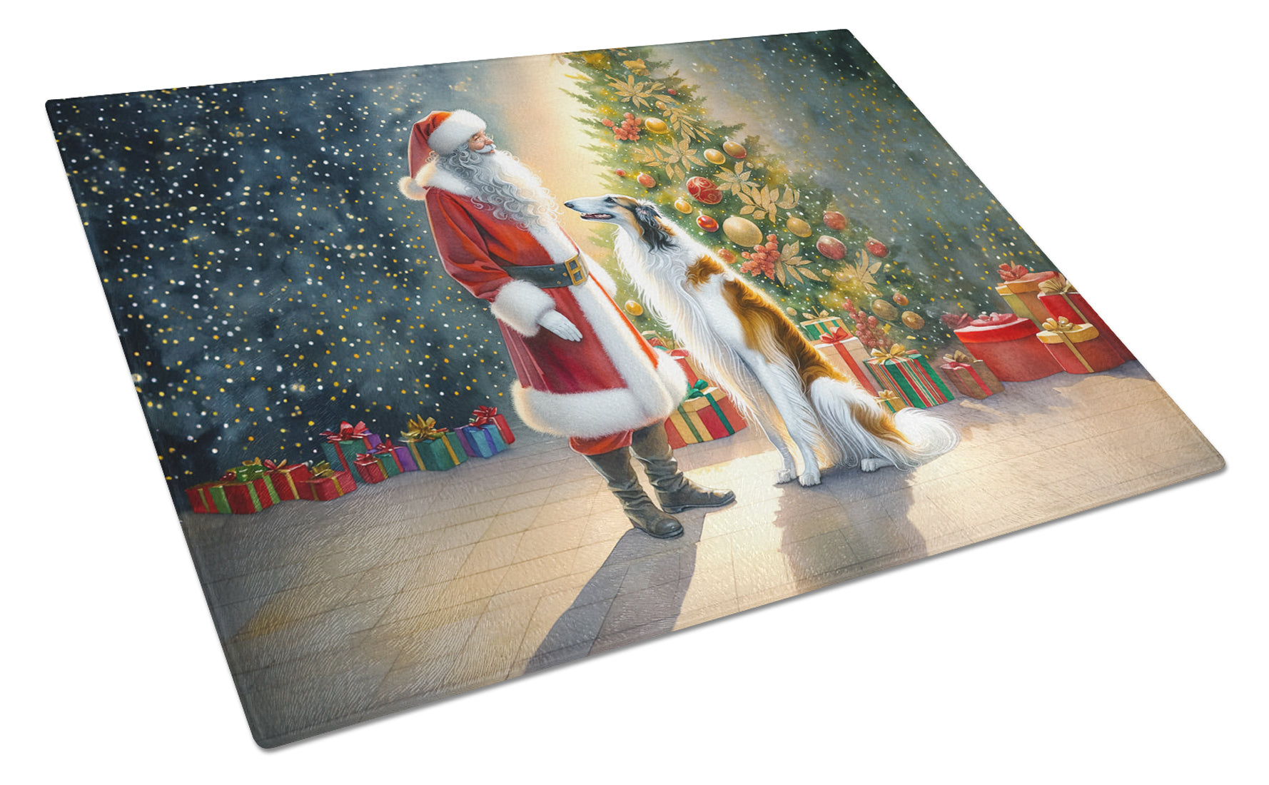 Borzoi and Santa Claus Glass Cutting Board