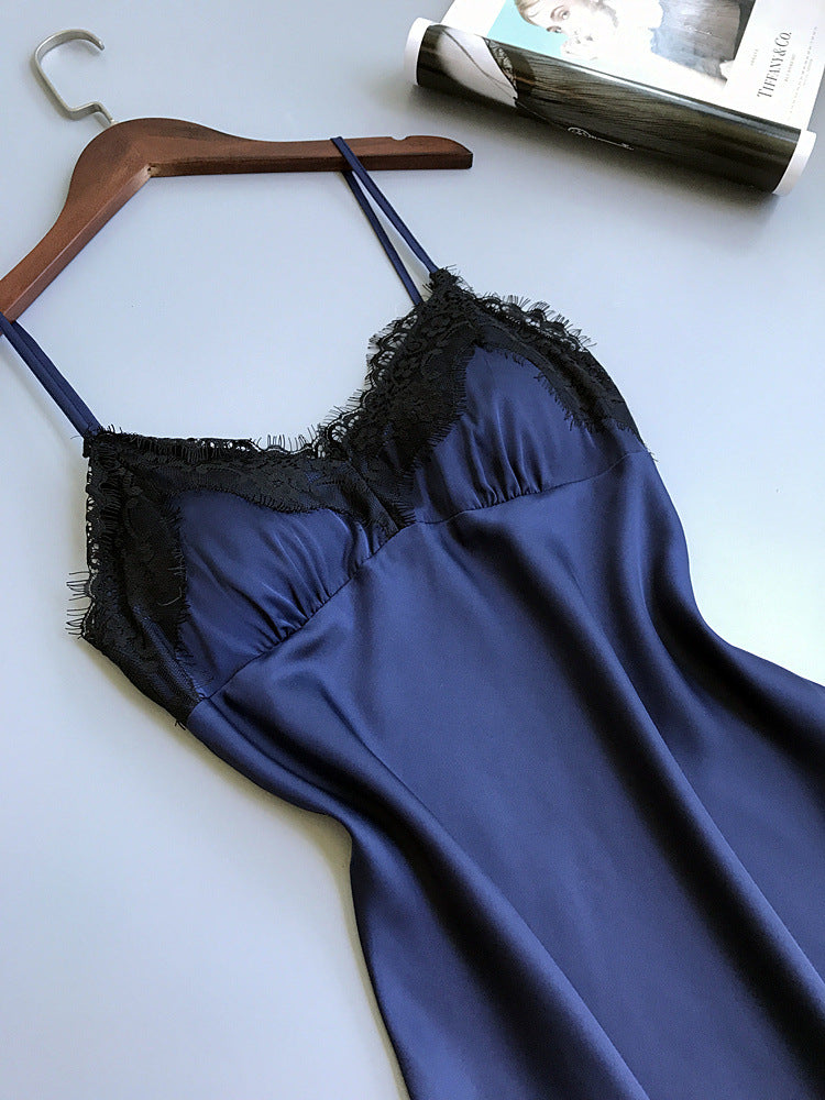 Silk Lace Trim V-Neck Nightgown with Cups (Summer)