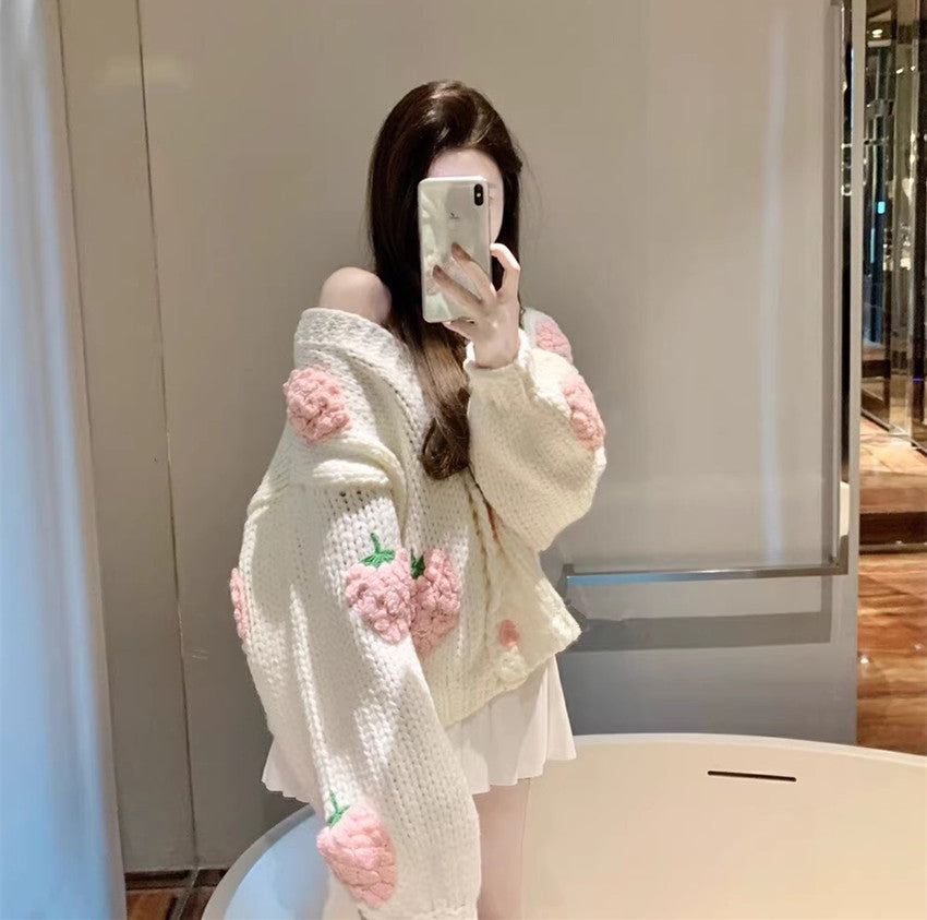Handmade Strawberry Knitted Cardigan for Women